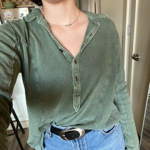 green ¾ button down
